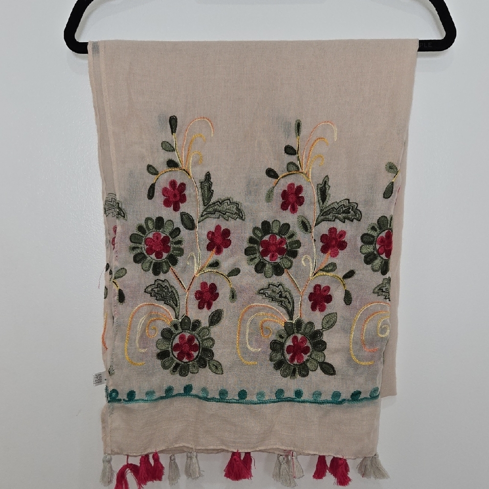 Vibrant Multi Colored Floral  Embroidered Boho Cottagecore Wrap/Scarf w/Tassels - Picture 2 of 7
